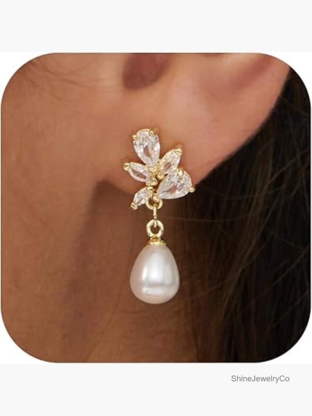 Pearl Drop Dangle Earrings, 14K Gold Plated Cubic Zirconia Accents, Lightweight